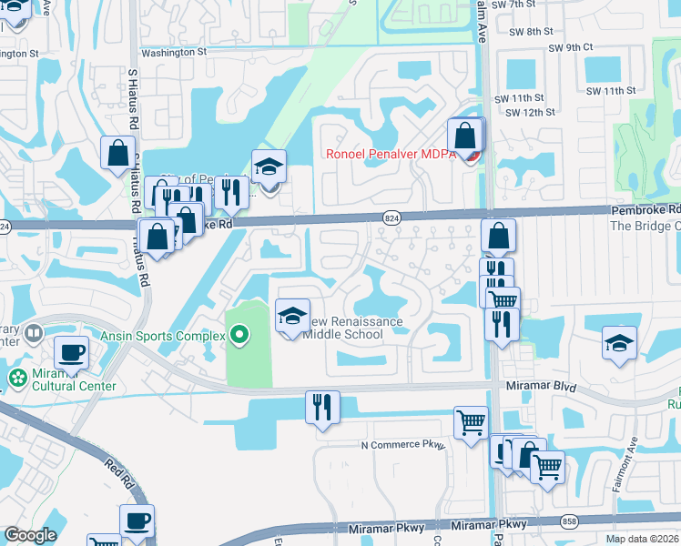 map of restaurants, bars, coffee shops, grocery stores, and more near 2042 Southwest 104th Avenue in Miramar