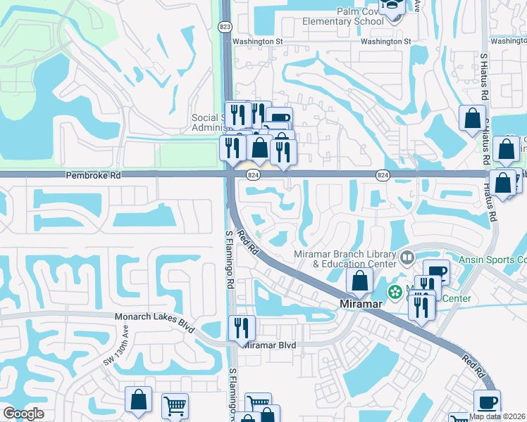 map of restaurants, bars, coffee shops, grocery stores, and more near 2163 Renaissance Boulevard in Miramar