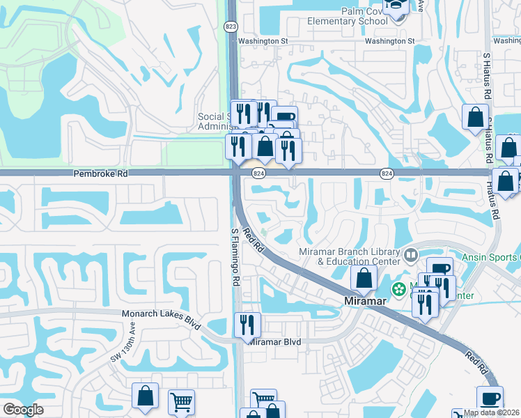 map of restaurants, bars, coffee shops, grocery stores, and more near 2163 Renaissance Boulevard in Miramar