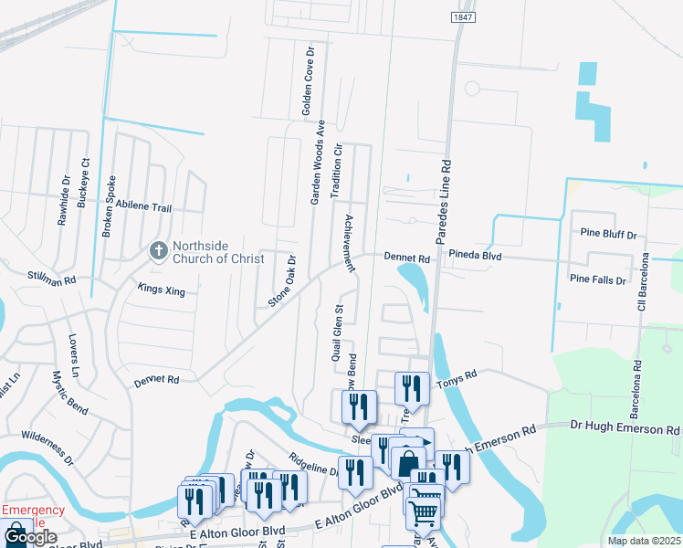 map of restaurants, bars, coffee shops, grocery stores, and more near 5484 Achievement in Brownsville