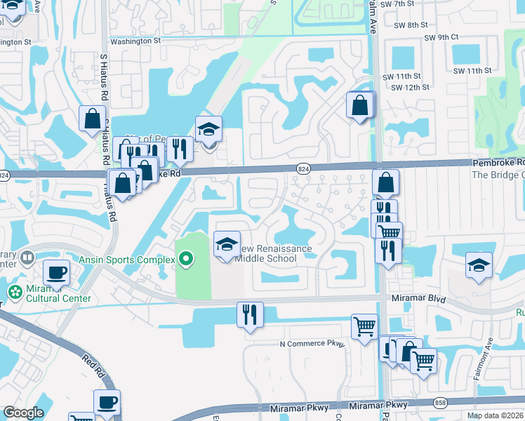 map of restaurants, bars, coffee shops, grocery stores, and more near 2042 Southwest 104th Avenue in Miramar