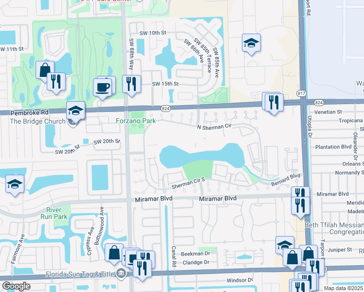 map of restaurants, bars, coffee shops, grocery stores, and more near 8560 Sherman Circle North in Miramar