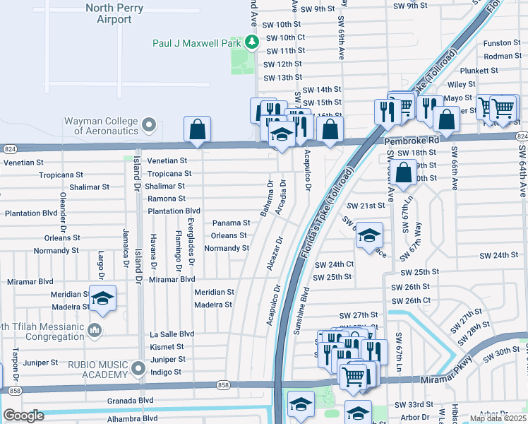 map of restaurants, bars, coffee shops, grocery stores, and more near 2130 Arcadia Drive in Miramar