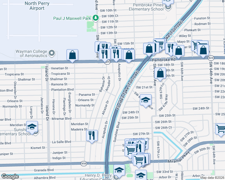 map of restaurants, bars, coffee shops, grocery stores, and more near 7110 Plantation Boulevard in Miramar