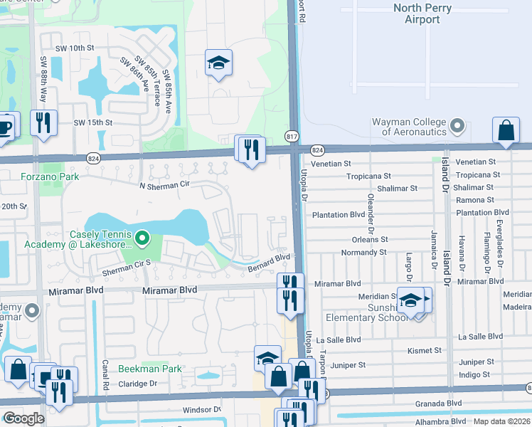 map of restaurants, bars, coffee shops, grocery stores, and more near 256 Sherman Circle Driveway in Miramar