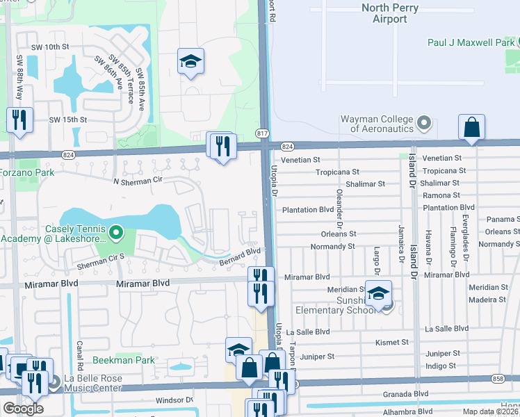 map of restaurants, bars, coffee shops, grocery stores, and more near 2201 Southwest 80th Terrace in Miramar