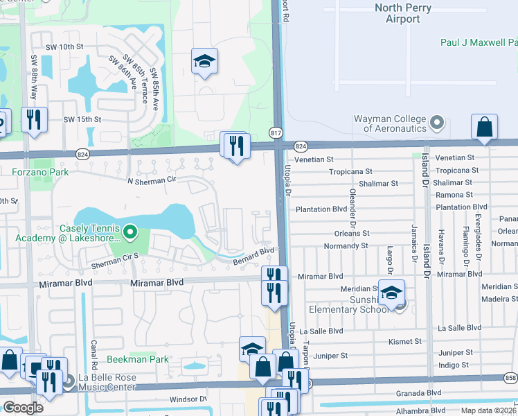 map of restaurants, bars, coffee shops, grocery stores, and more near 2201 Southwest 80th Terrace in Miramar