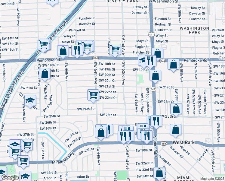 map of restaurants, bars, coffee shops, grocery stores, and more near 6241 Southwest 22nd Court in Miramar