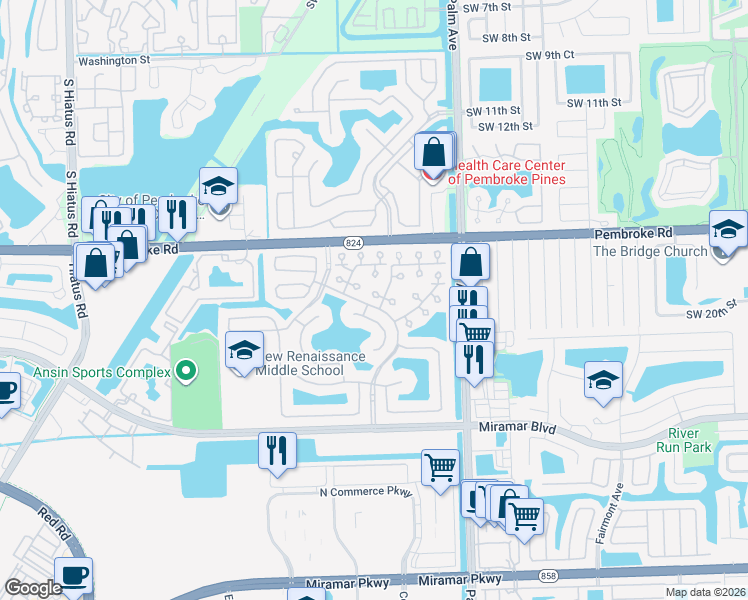 map of restaurants, bars, coffee shops, grocery stores, and more near 1836 Southwest 102nd Way in Miramar