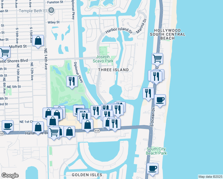 map of restaurants, bars, coffee shops, grocery stores, and more near 500 Three Islands Boulevard in Hallandale Beach