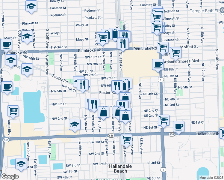 map of restaurants, bars, coffee shops, grocery stores, and more near 605 Northwest 1st Avenue in Hallandale Beach