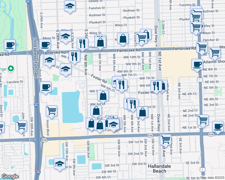map of restaurants, bars, coffee shops, grocery stores, and more near in Hallandale Beach