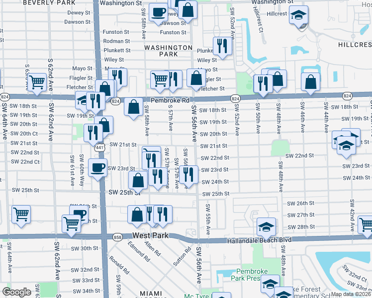 map of restaurants, bars, coffee shops, grocery stores, and more near 2005 Southwest 56th Avenue in West Park