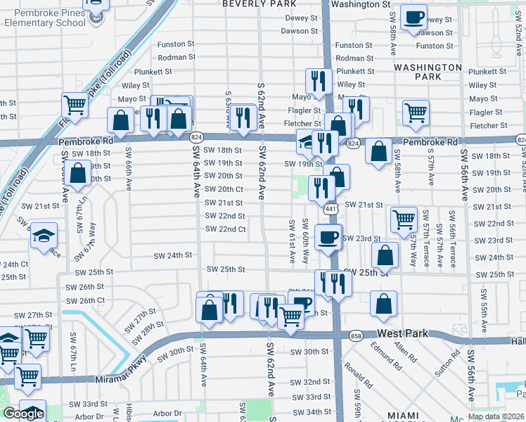 map of restaurants, bars, coffee shops, grocery stores, and more near 6165 Southwest 21st Street in Miramar