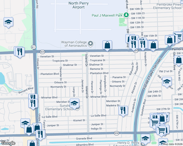 map of restaurants, bars, coffee shops, grocery stores, and more near 7681 Ramona Street in Miramar