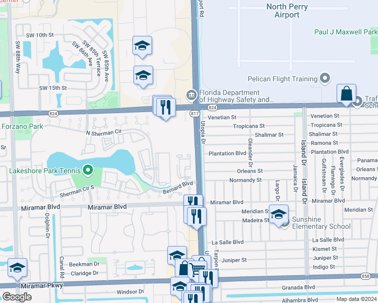 map of restaurants, bars, coffee shops, grocery stores, and more near 1948-1990 South University Drive in Miramar