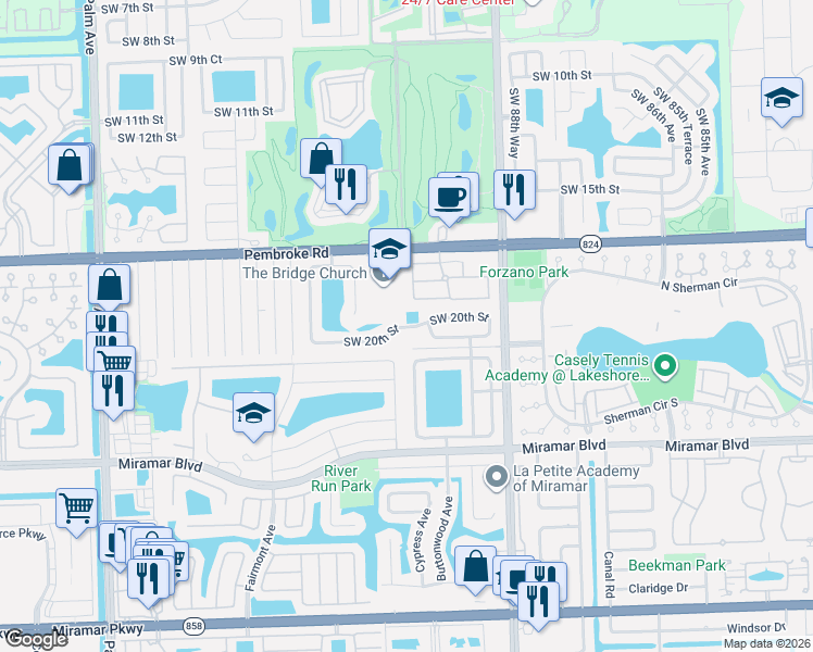 map of restaurants, bars, coffee shops, grocery stores, and more near 9066 Southwest 19th Street in Miramar
