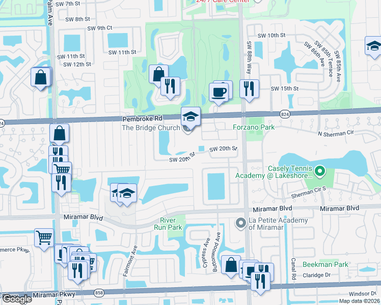 map of restaurants, bars, coffee shops, grocery stores, and more near 9300 Pembroke Road in Miramar
