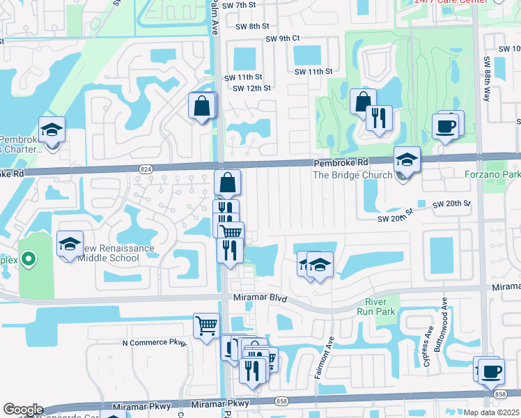 map of restaurants, bars, coffee shops, grocery stores, and more near 1814 Southwest 99th Terrace in Miramar