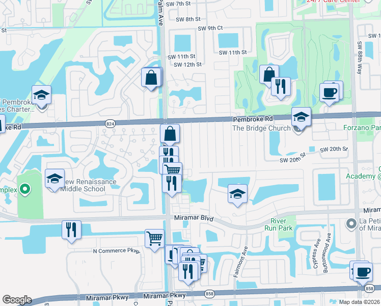 map of restaurants, bars, coffee shops, grocery stores, and more near 1814 Southwest 99th Terrace in Miramar