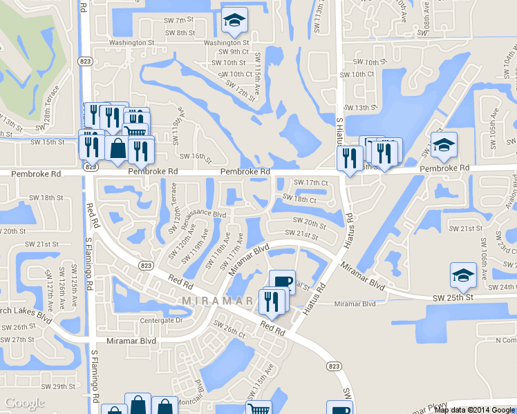 map of restaurants, bars, coffee shops, grocery stores, and more near 1871 Southwest 116th Way in Miramar