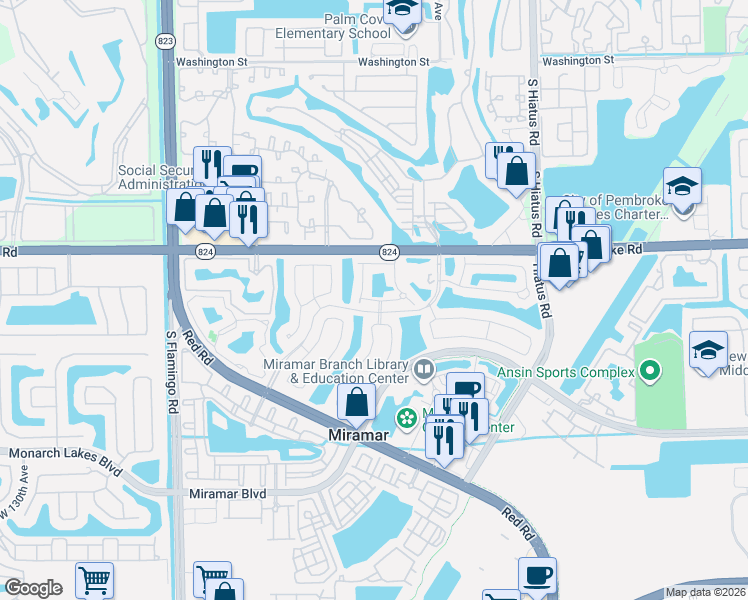 map of restaurants, bars, coffee shops, grocery stores, and more near 1820 Southwest 116th Way in Miramar