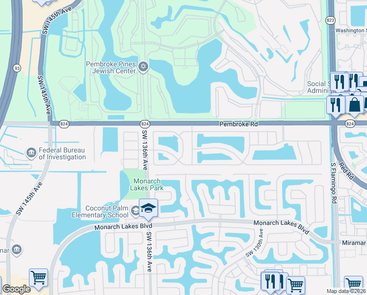 map of restaurants, bars, coffee shops, grocery stores, and more near 1800 Southwest 133rd Terrace in Miramar