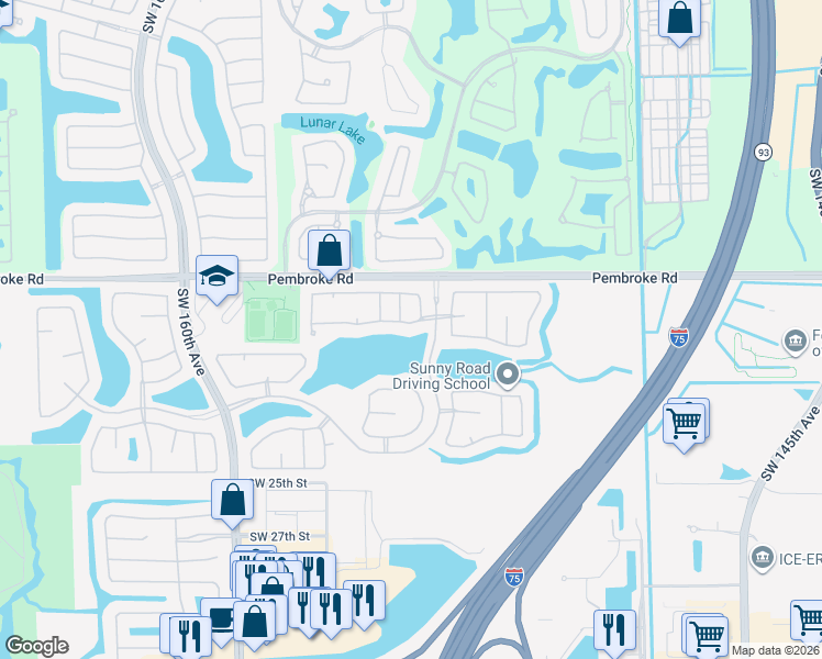 map of restaurants, bars, coffee shops, grocery stores, and more near 1874 Southwest 152nd Way in Miramar