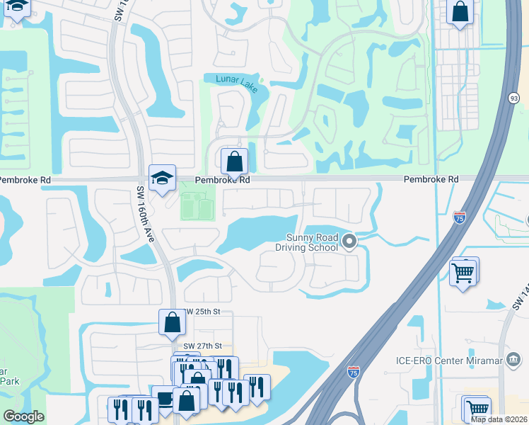 map of restaurants, bars, coffee shops, grocery stores, and more near 1857 Southwest 154th Avenue in Miramar