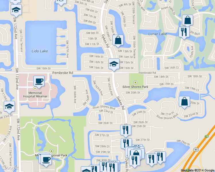 map of restaurants, bars, coffee shops, grocery stores, and more near 1861 Southwest 162nd Avenue in Miramar