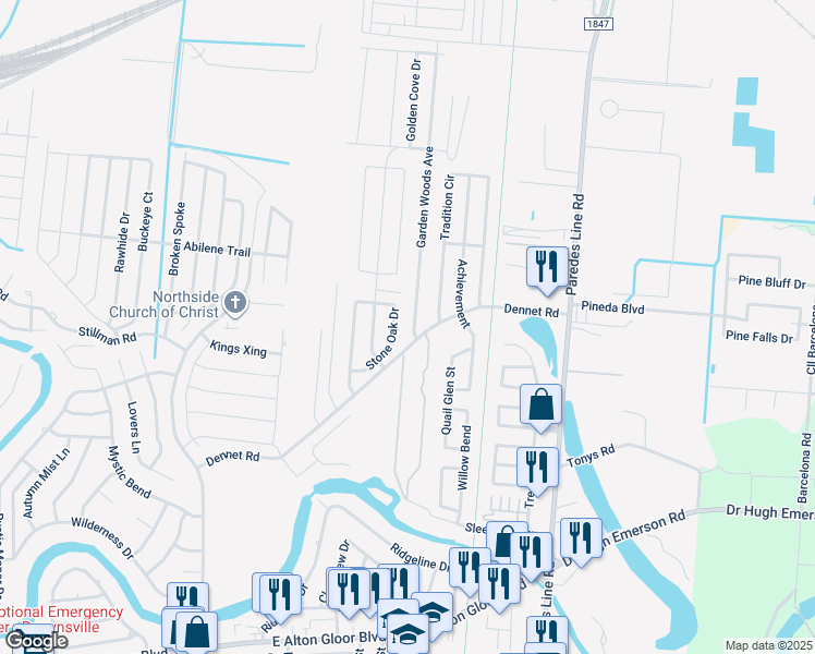 map of restaurants, bars, coffee shops, grocery stores, and more near 6625 Garden Woods Avenue in Brownsville