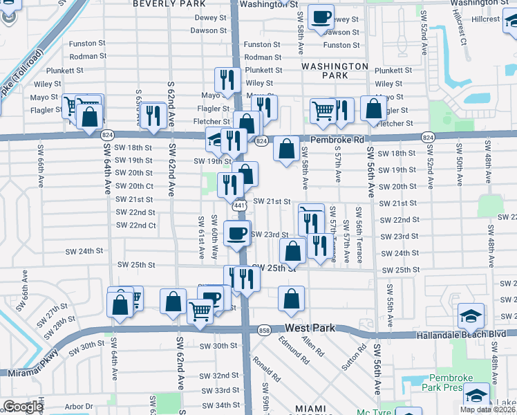 map of restaurants, bars, coffee shops, grocery stores, and more near 2103 Southwest 59th Terrace in West Park