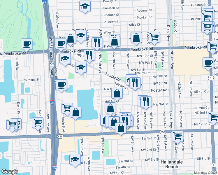 map of restaurants, bars, coffee shops, grocery stores, and more near 609 Northwest 7th Avenue in Hallandale Beach