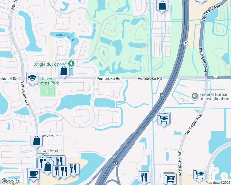 map of restaurants, bars, coffee shops, grocery stores, and more near 1933 Southwest 149th Avenue in Miramar