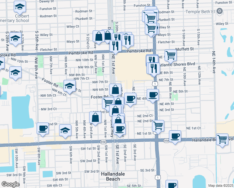 map of restaurants, bars, coffee shops, grocery stores, and more near 520 Northeast 1st Avenue in Hallandale Beach