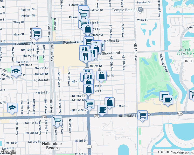 map of restaurants, bars, coffee shops, grocery stores, and more near 801 Northeast 5th Street in Hallandale Beach