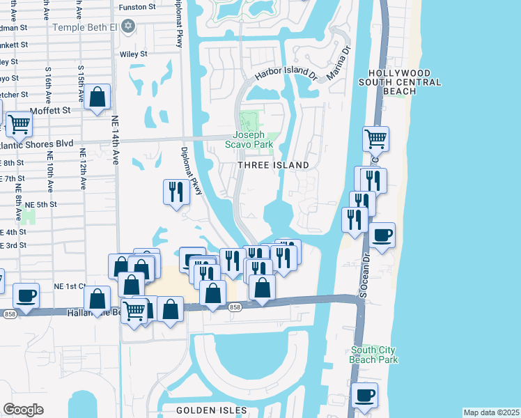 map of restaurants, bars, coffee shops, grocery stores, and more near 500 Three Islands Boulevard in Hallandale Beach