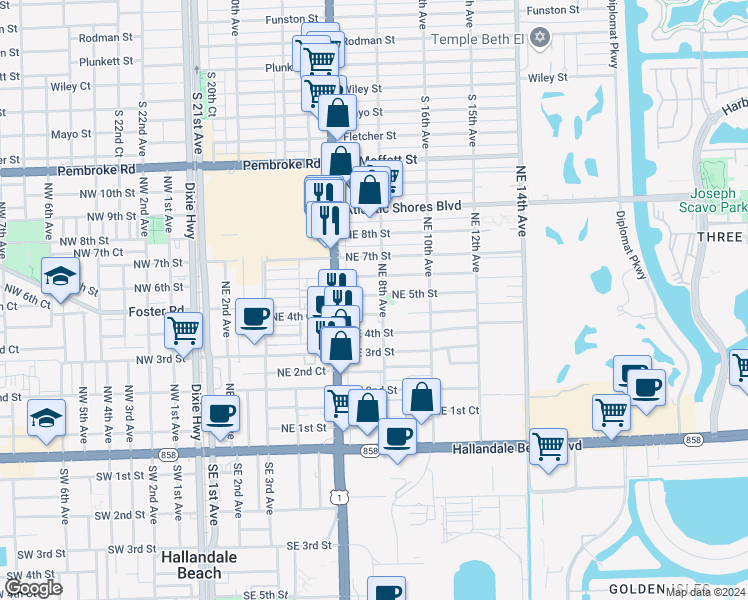 map of restaurants, bars, coffee shops, grocery stores, and more near 801 Northeast 5th Street in Hallandale Beach