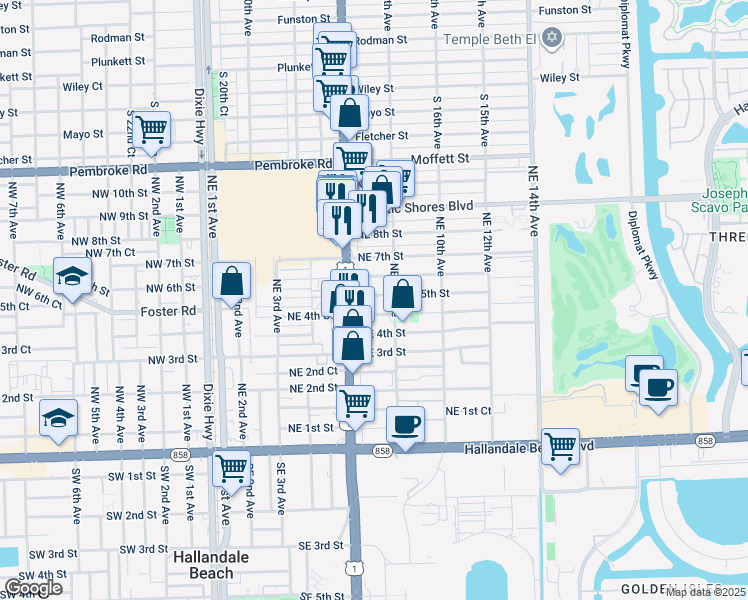 map of restaurants, bars, coffee shops, grocery stores, and more near 610 Northeast 6th Street in Hallandale Beach