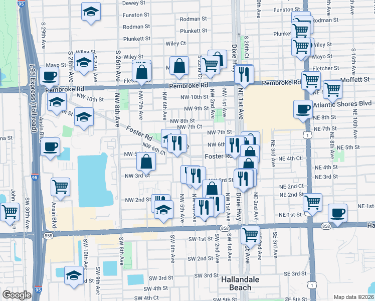 map of restaurants, bars, coffee shops, grocery stores, and more near 604 Northwest 4th Avenue in Hallandale Beach