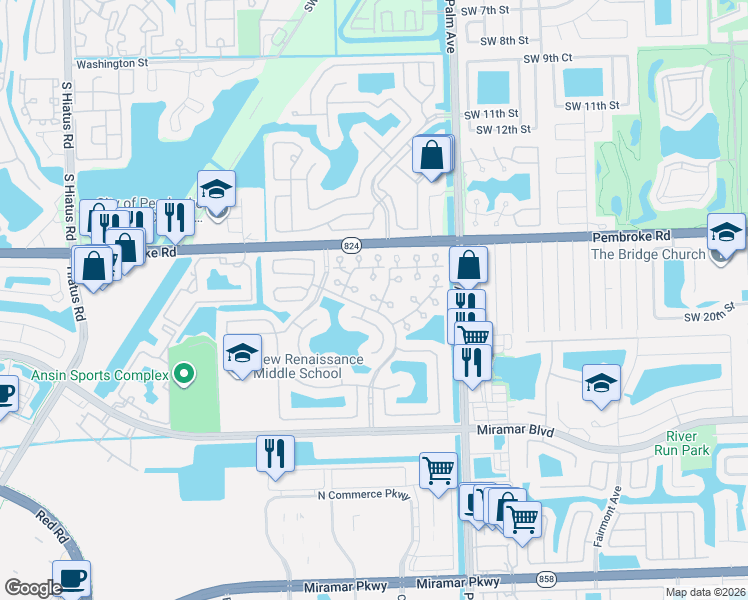 map of restaurants, bars, coffee shops, grocery stores, and more near 1836 Southwest 102nd Way in Miramar