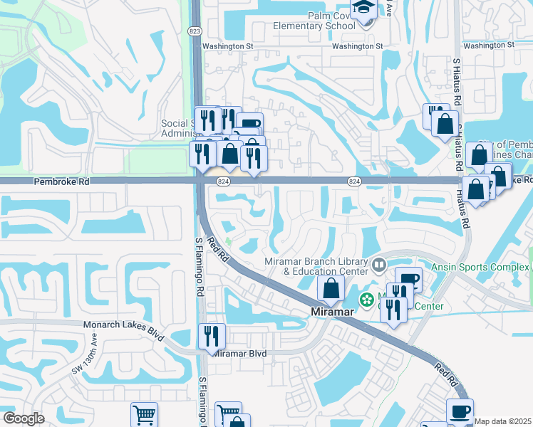 map of restaurants, bars, coffee shops, grocery stores, and more near 12112 St.Andrews Place in Miramar