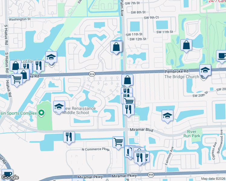 map of restaurants, bars, coffee shops, grocery stores, and more near 10141 Southwest 21st Street in Miramar