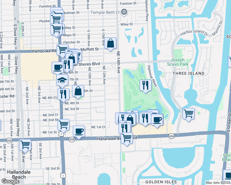 map of restaurants, bars, coffee shops, grocery stores, and more near 501 Northeast 14th Avenue in Hallandale Beach