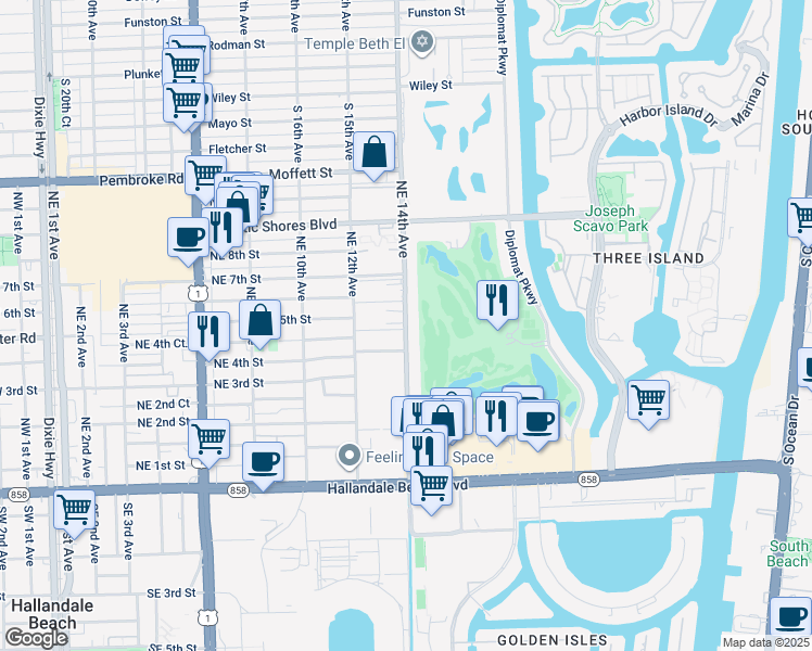 map of restaurants, bars, coffee shops, grocery stores, and more near 512 Northeast 14th Avenue in Hallandale Beach