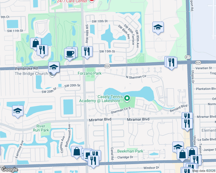 map of restaurants, bars, coffee shops, grocery stores, and more near 8560 Sherman Circle North in Miramar