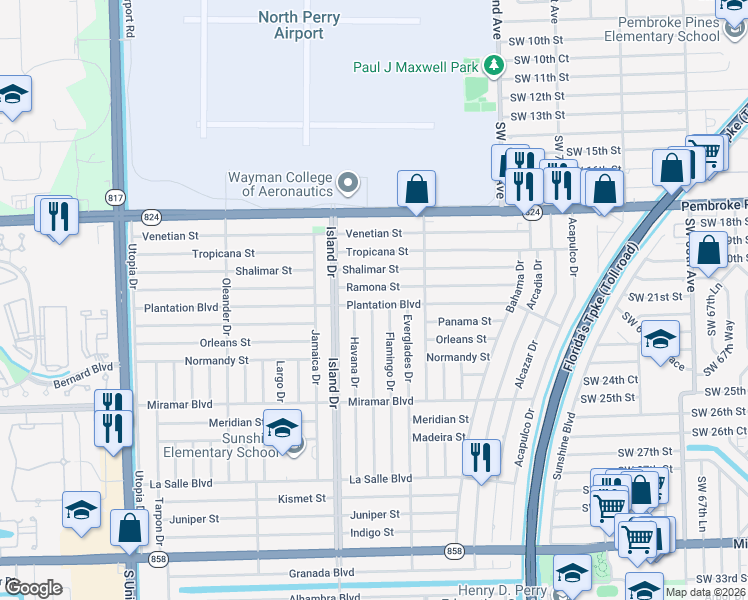 map of restaurants, bars, coffee shops, grocery stores, and more near 7643 Plantation Boulevard in Miramar