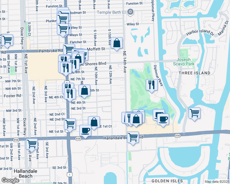 map of restaurants, bars, coffee shops, grocery stores, and more near 500 Northeast 12th Avenue in Hallandale Beach