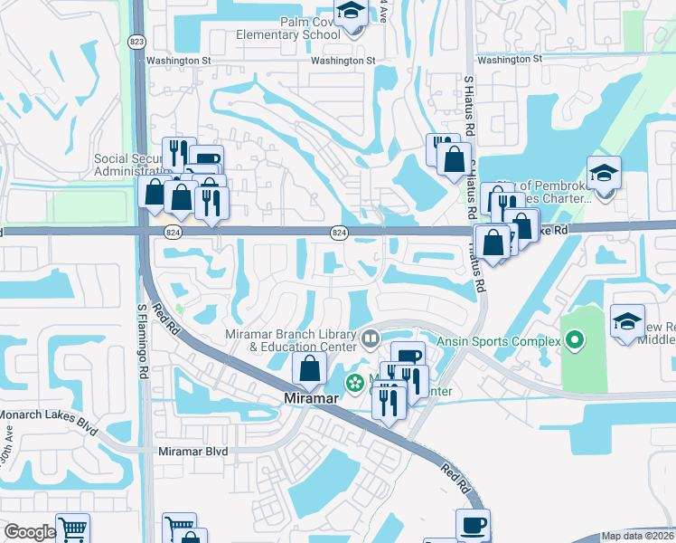 map of restaurants, bars, coffee shops, grocery stores, and more near 11697 Southwest 19th Street in Miramar