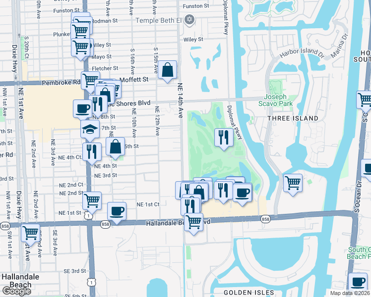 map of restaurants, bars, coffee shops, grocery stores, and more near 501 Northeast 14th Avenue in Hallandale Beach